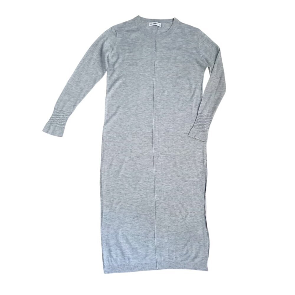 Zara Knit Gray Long Sweater Dress – Long Sleeve Crewneck, Size S